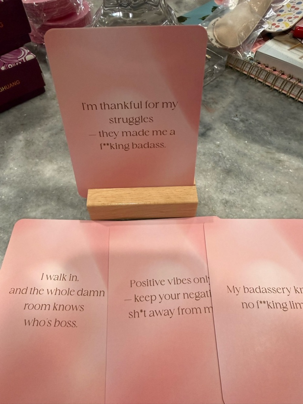 Pink Inspirational Desk Cards with Wooden Stand “ Affirmations for a Bad***.